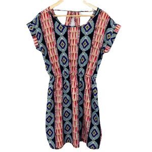 Pink Rose tribal print detailed back pink and teal dress size large